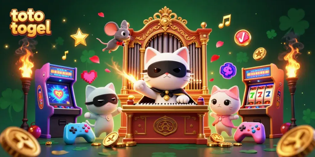 Menangkan toto togel dengan suasana kasino yang menghibur, diilustrasikan dengan kucing putih bergaya dan elemen permainan yang menarik.
