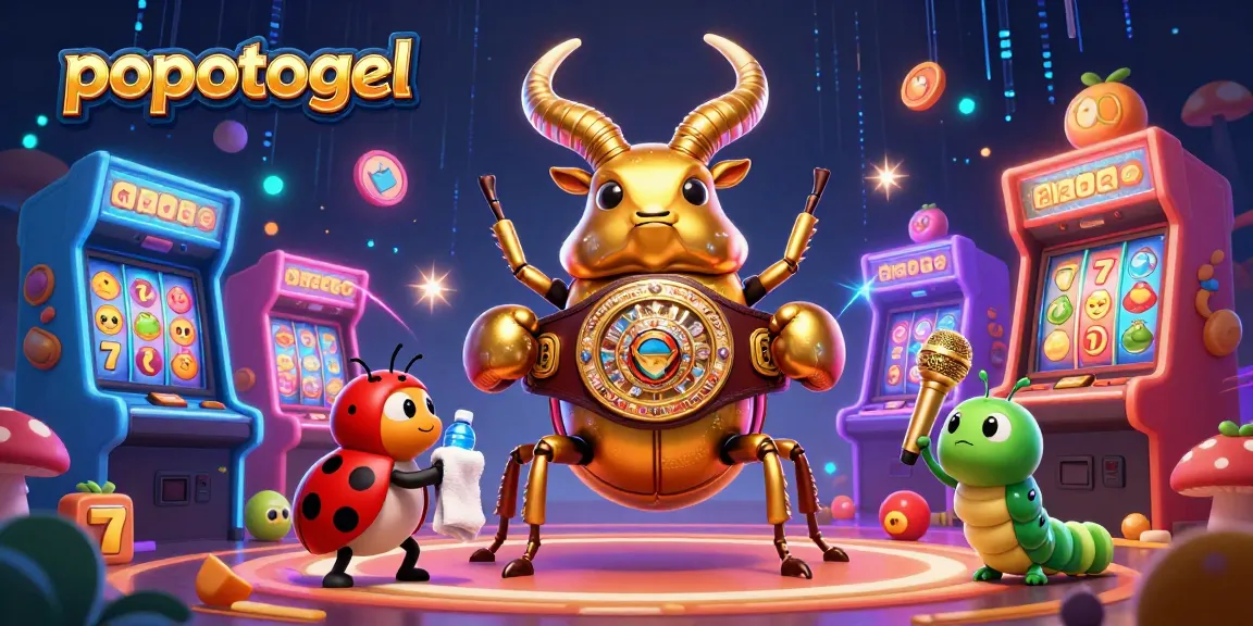 Win big with popotogel as animated characters and slot elements create a vibrant casino scene.