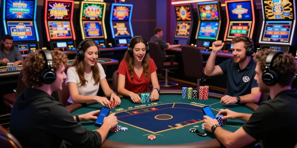 Suasana kasino online kingliga dengan pemain beragam merayakan kemenangan dalam permainan slot dan poker, suasana penuh warna dan kegembiraan.