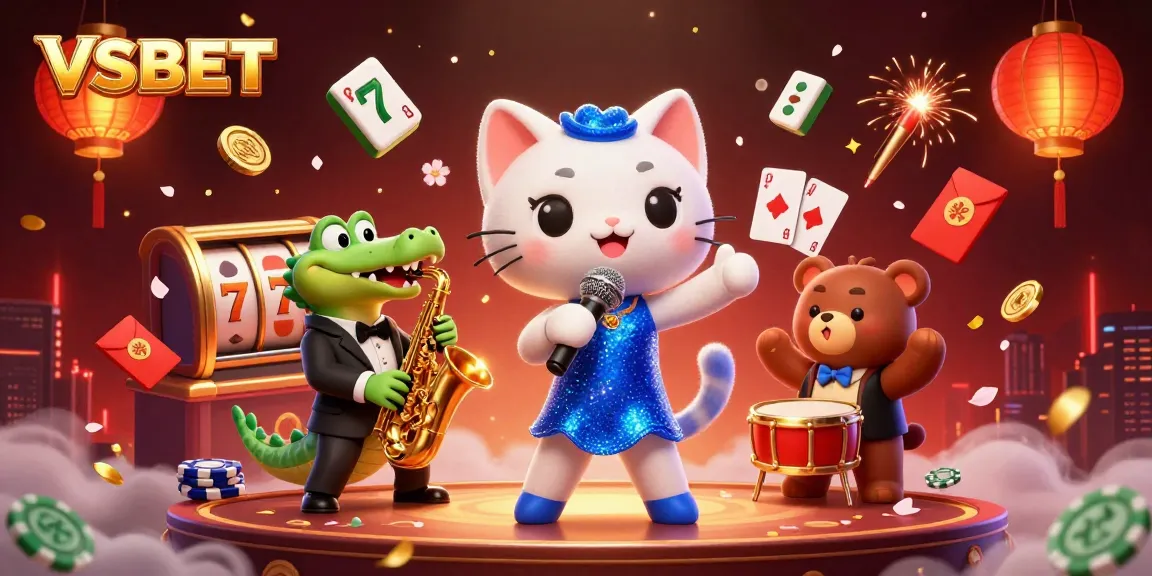 Experience thrilling VSBET action with cartoon characters amidst vibrant casino elements.