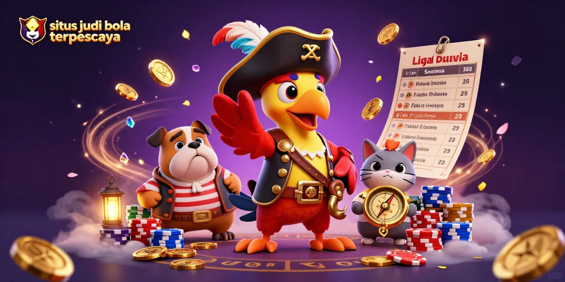 Savor the excitement of sports betting with situs judi bola terpercaya, featuring pirate-themed characters and vibrant casino elements.