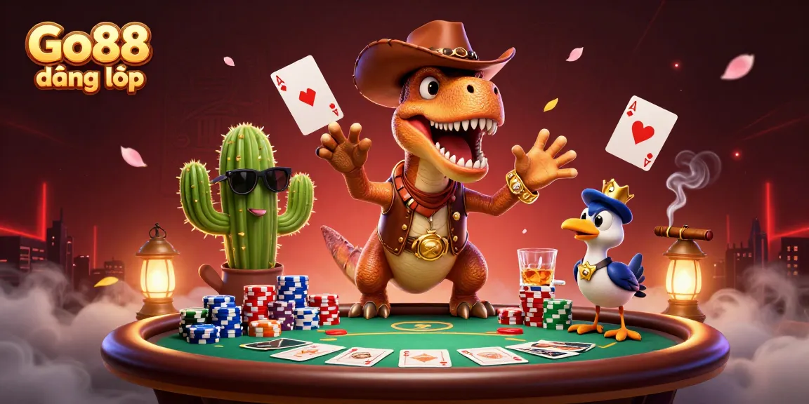 Engage in thrilling gaming with Go88 đăng nhập, featuring characters amidst poker elements and vibrant casino details.