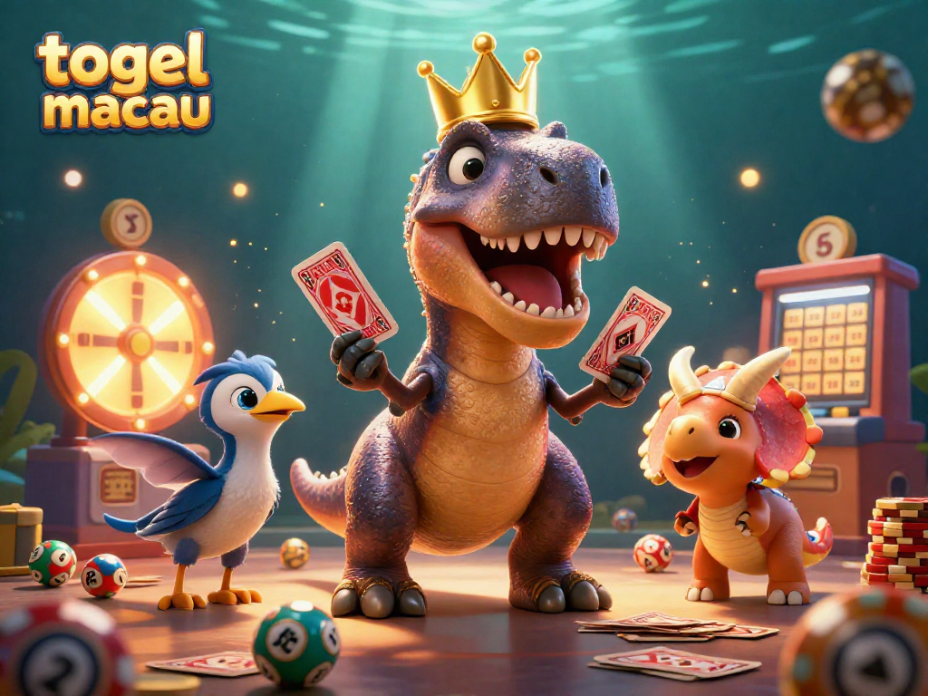 Engage with togel macau by enjoying a vibrant 3D illustration of a T-Rex and friends in a lottery scene.