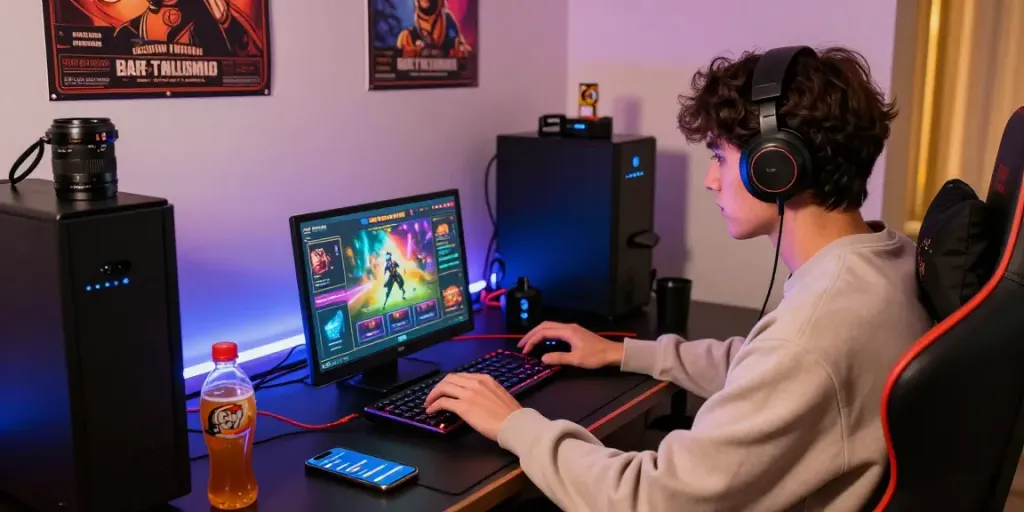 Proses Login Seributoto dengan pengguna yang antusias melakukan taruhan online di ruang gaming yang nyaman.