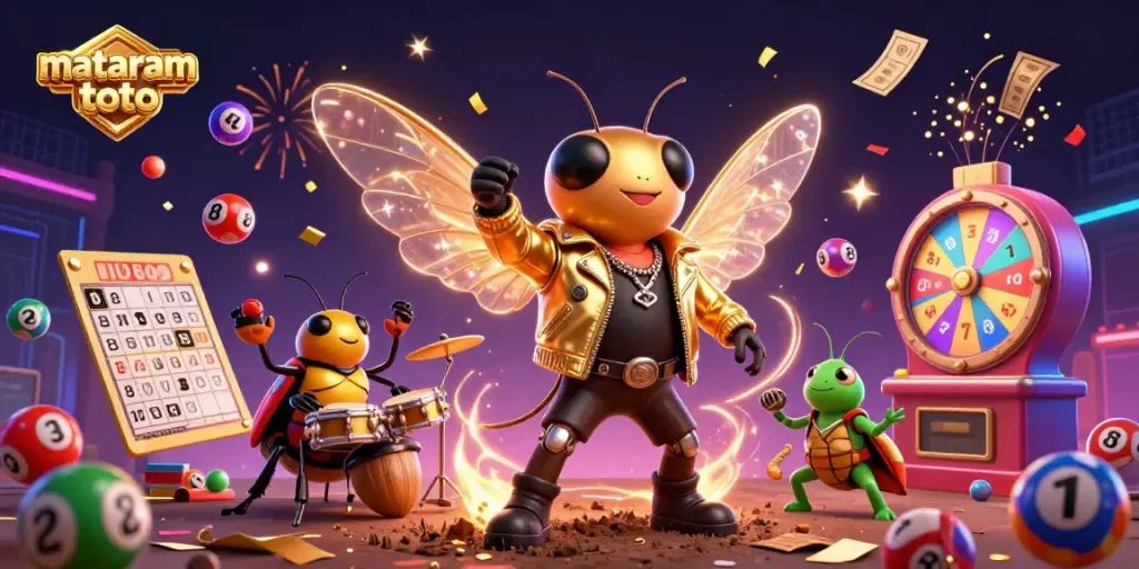 Cheerful scene celebrating mataram toto with a rock star cicada and vibrant lottery elements.