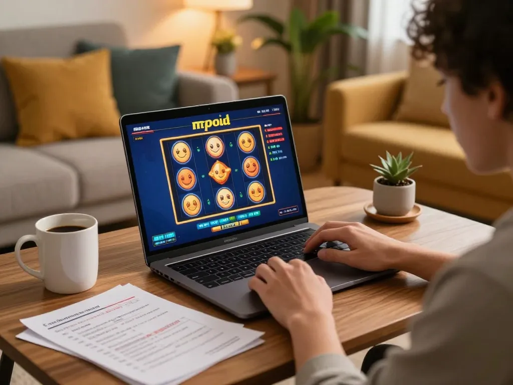 Engaging player enjoying mpoid slot on a laptop in a cozy home setting