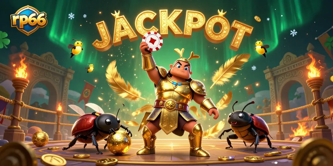 Win big at rp66 with a unique 3D beetle-themed illustration showcasing gaming excitement.