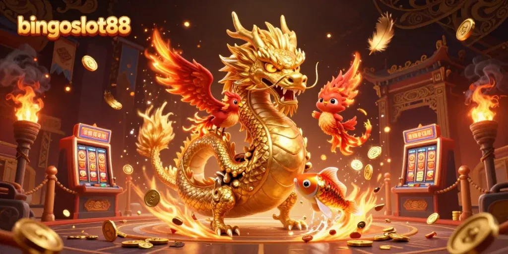 Bingoslot88 menghadirkan keseruan dengan karakter naga emas dan phoenix 3D di dunia slot permainan.