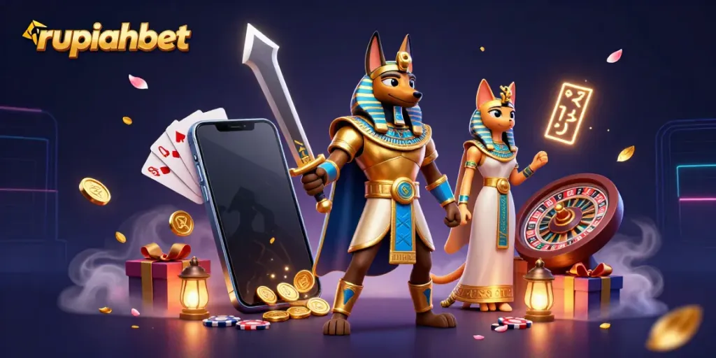 Spin vibrant slot games with rupiahbet's 3D characters surrounded by casino elements.