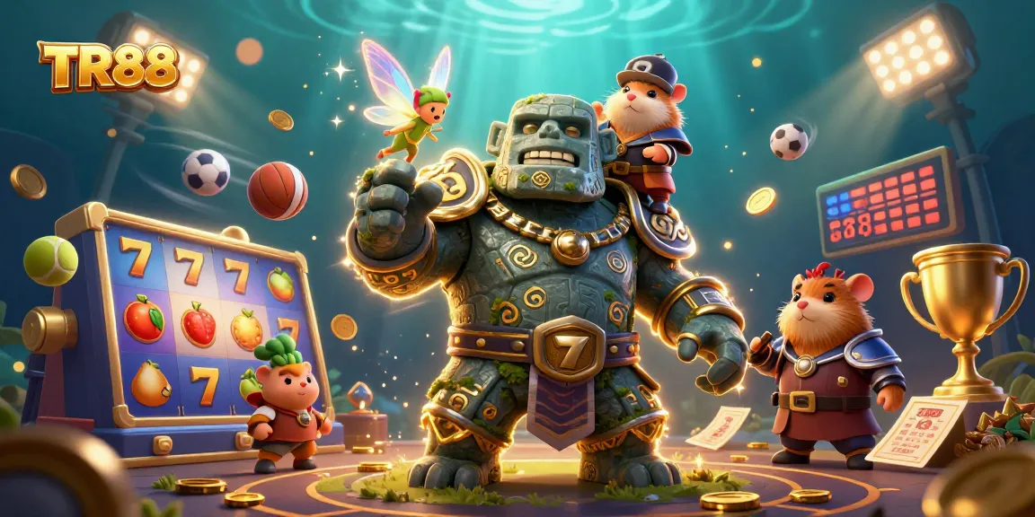 Play slots and win big with TR88 in a vibrant casino scene featuring energetic characters.