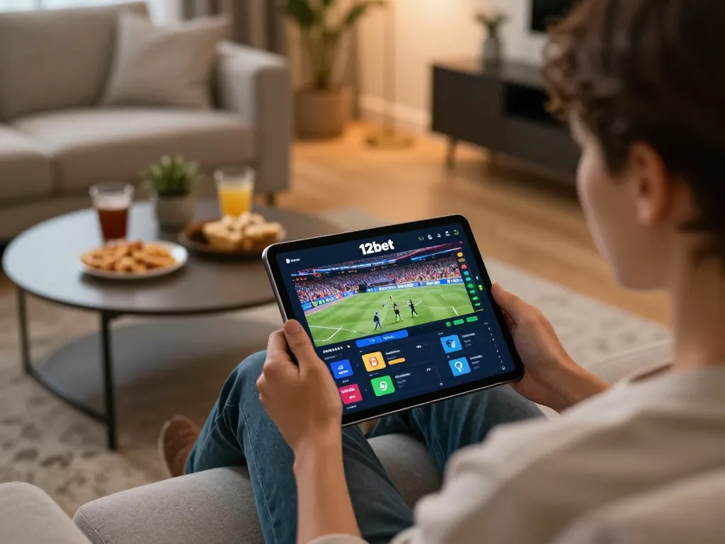 Người sử dụng 12bet trên máy tính bảng để cá cược thể thao trực tuyến trong một không gian ấm cúng tại nhà.