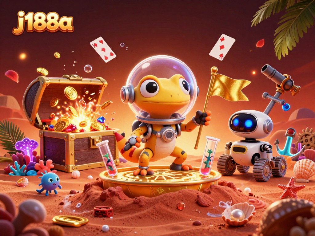 Experience casino thrills with j188a as a Martian gecko finds a buried golden casino in a vibrant scene.