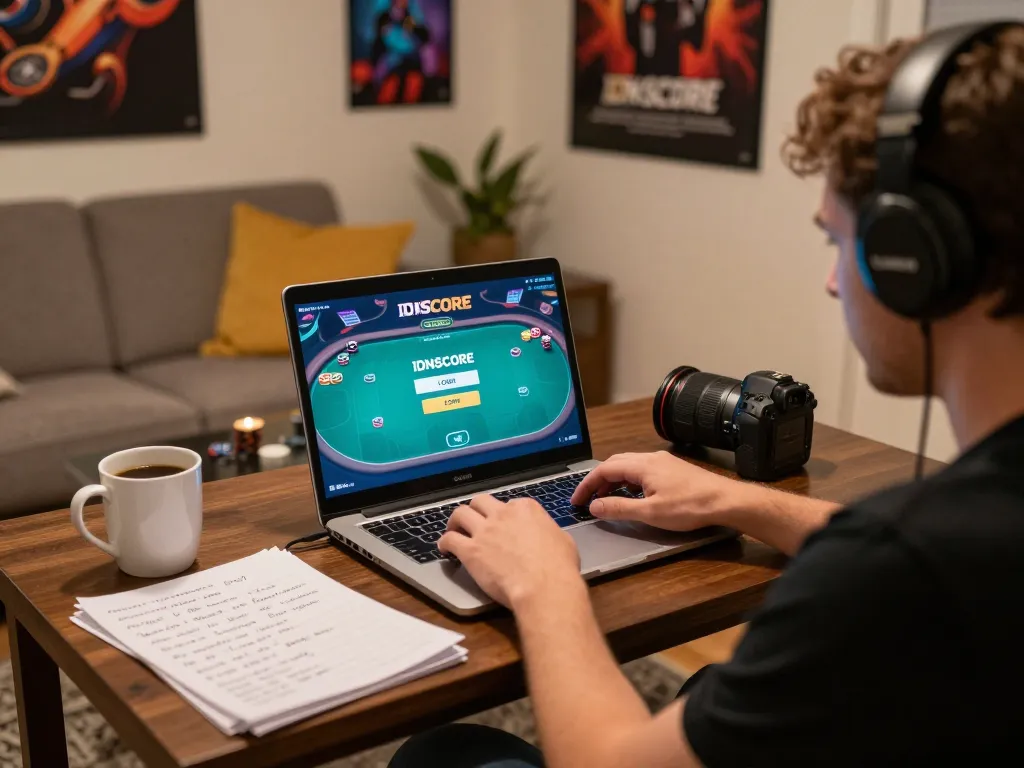 Engage with IDNSCORE LOGIN while playing poker, featuring a cozy home setup and dynamic gameplay.