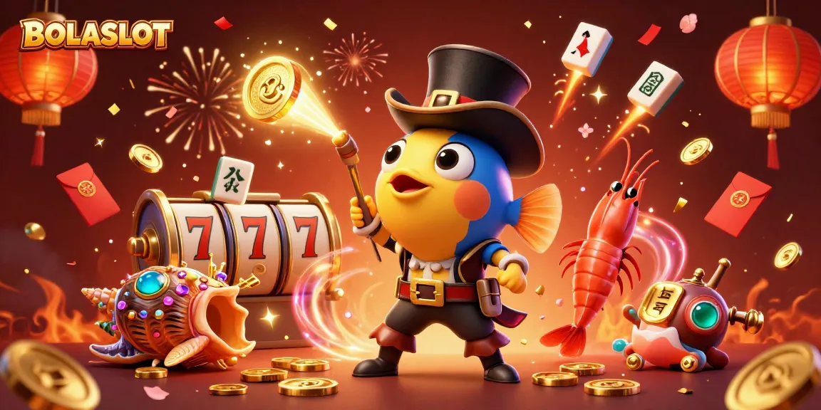 BOLASLOT showcases a vibrant scene with a deep-sea anglerfish attracting golden coins amid dynamic casino elements.
