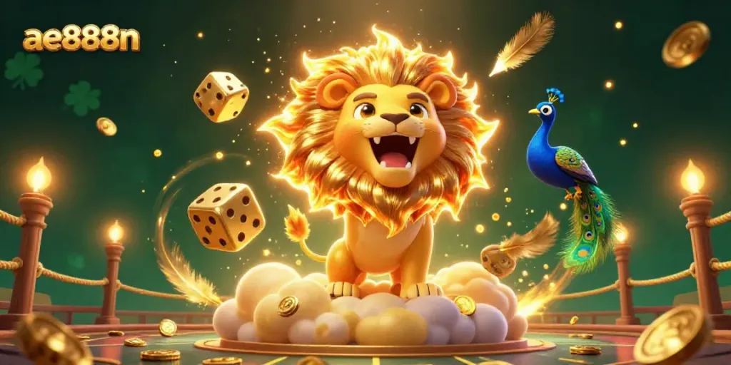 Experience thrilling action with ae888n where a vibrant lion and golden dice embody a dynamic betting scene.