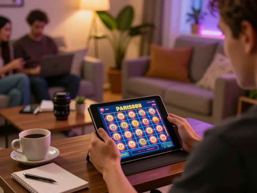 Play slots on Paris888 using a tablet in a cozy living room, showcasing strategic gaming atmosphere