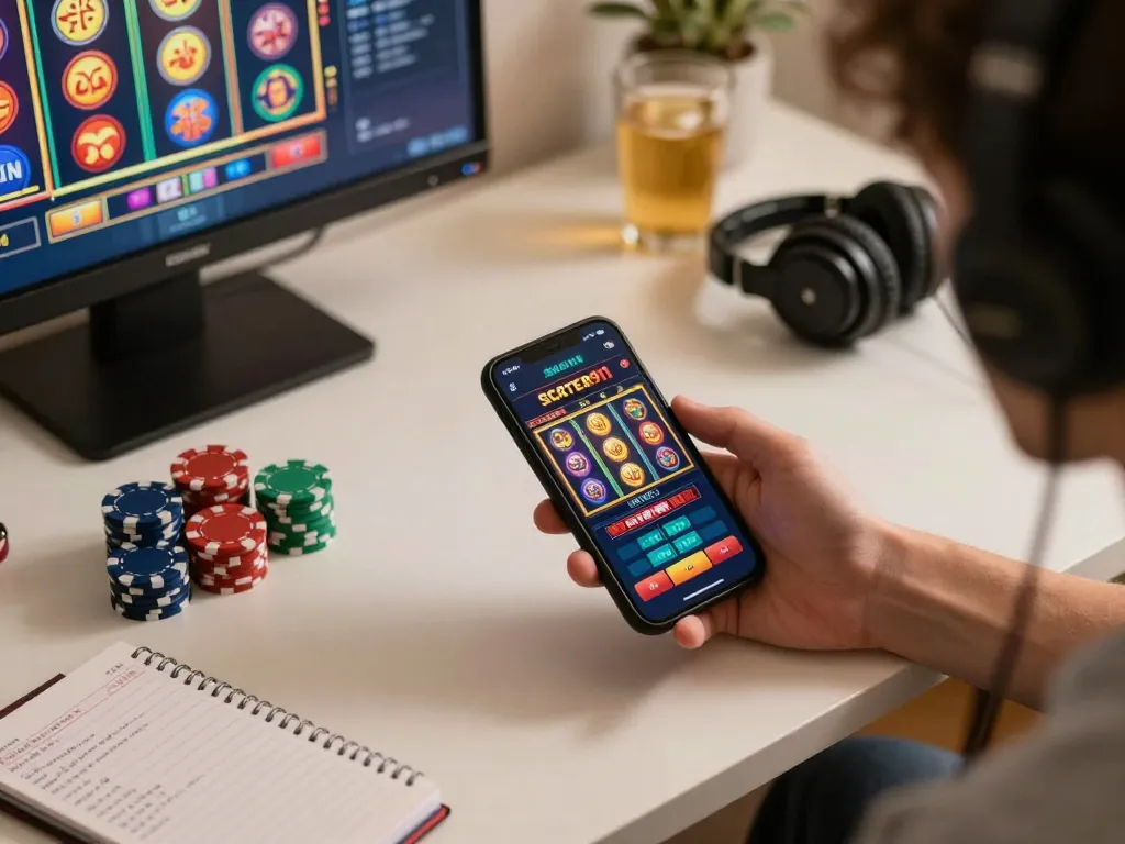 SCATTER911 player enjoying online slots with chips and strategy notes in a cozy setting