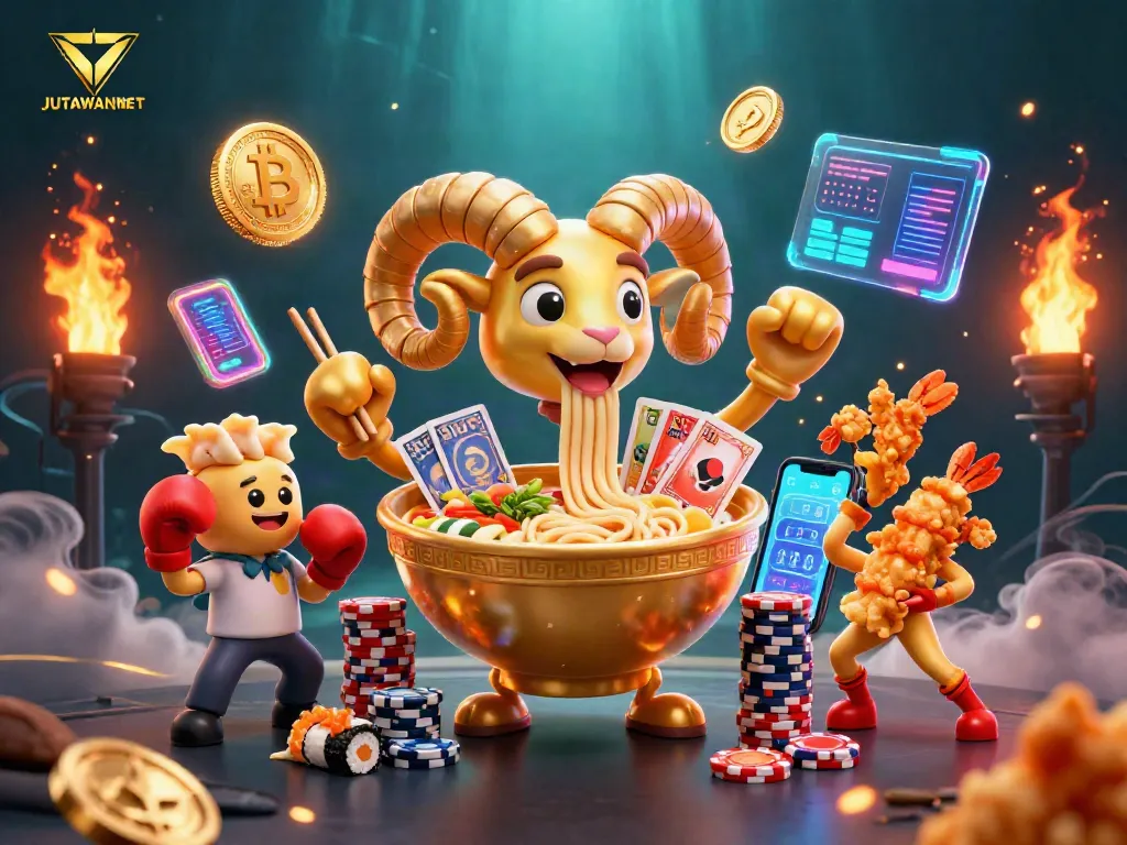 Experience the thrills of JUTAWANBET with vibrant casino-themed characters engaging in card games and stacking chips.