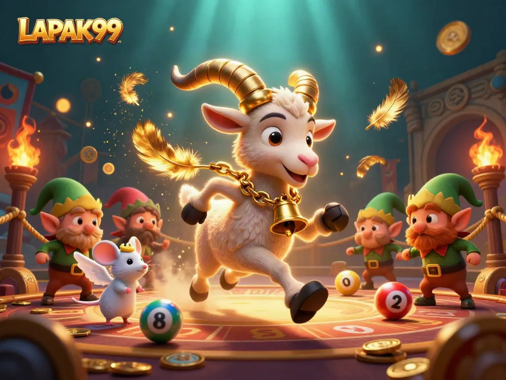 LAPAK99 animates a vibrant lottery casino scene with a lively Krampus goat and playful characters.