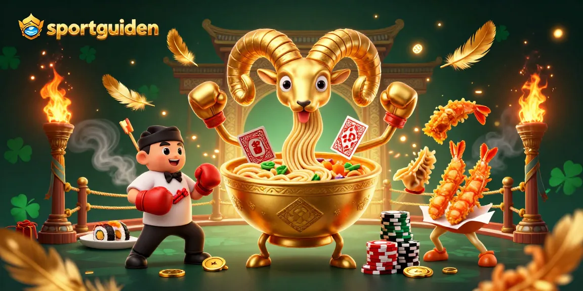 Sportguiden memberikan keseruan bertaruh dalam ilustrasi kasino yang meriah dengan Ramen Emas dan karakter unik.