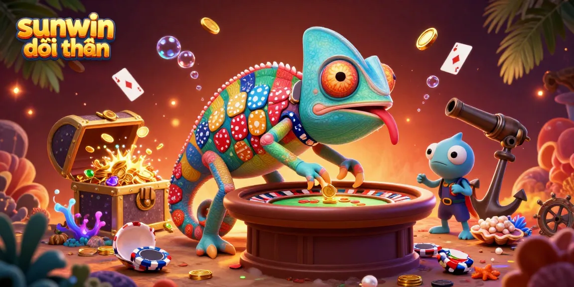 Experience the thrilling sunwin đổi thưởng with a vibrant casino scene featuring a colorful chameleon owner and exciting game elements.