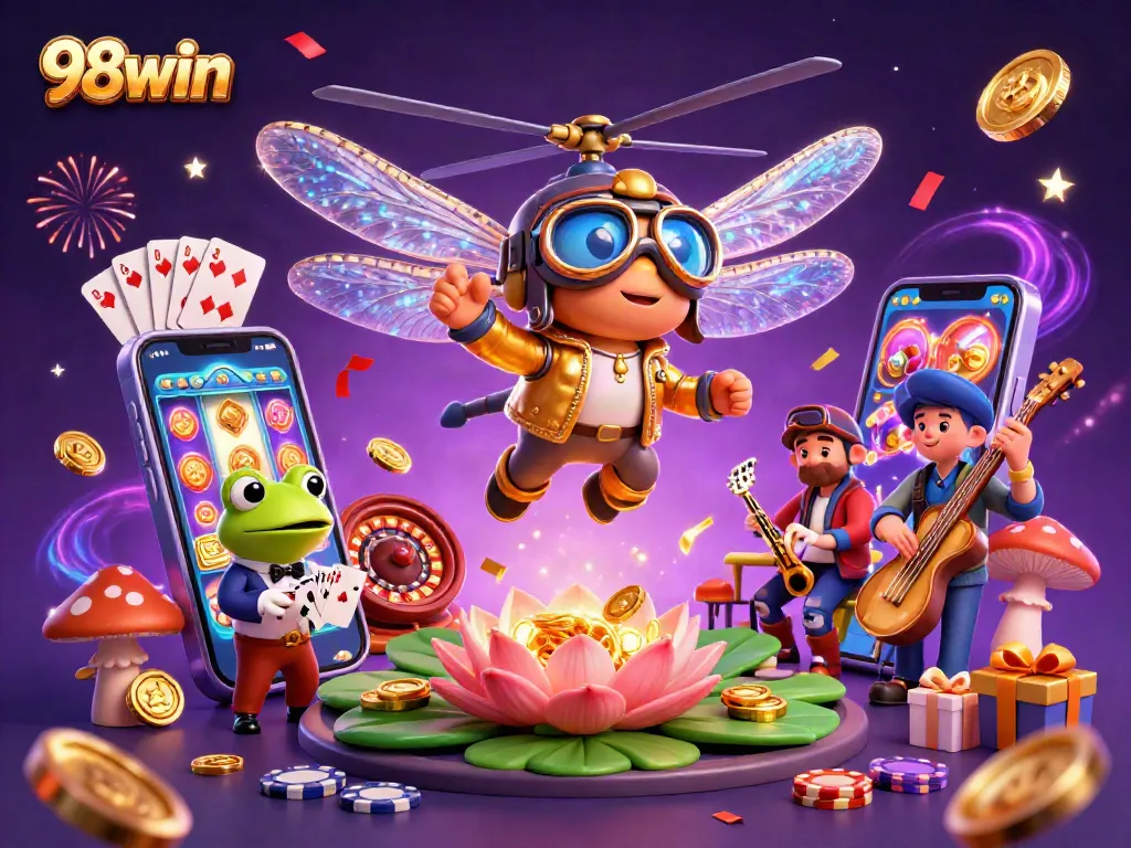 Experience excitement at 98win with a vibrant casino scene featuring card games and slot machines