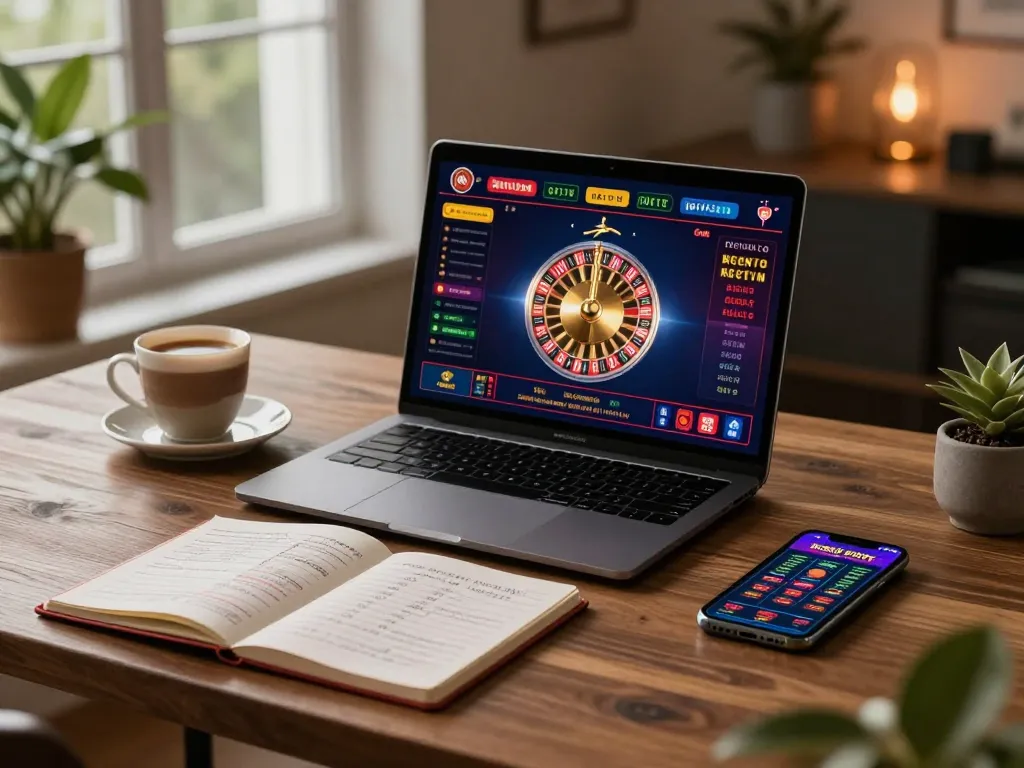 Pengalaman bermain game online yang menarik dengan daftar deluna4d ditampilkan di laptop, menekankan perjudian yang bertanggung jawab.