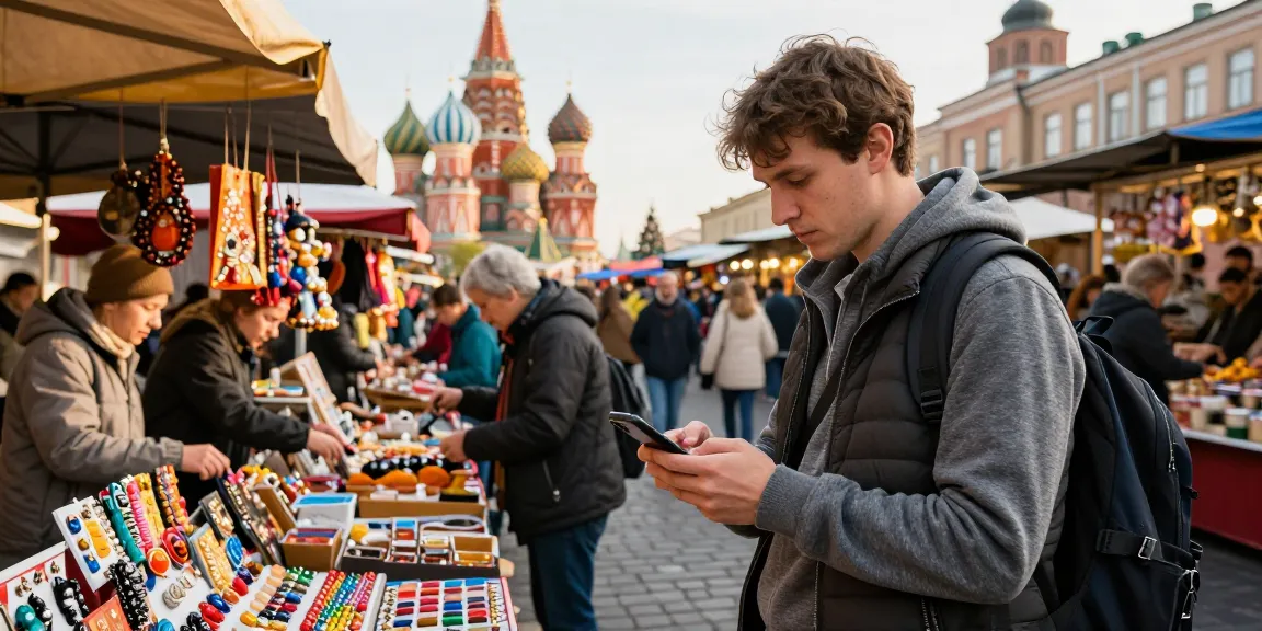 Pengunjung menggunakan https://payinrussia.com/ untuk melakukan pembayaran di pasar Rusia yang ramai.