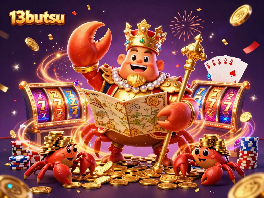 Engage in thrilling slots action at 13butsu with a vibrant 3D casino scene featuring golden crab emperor and treasure.