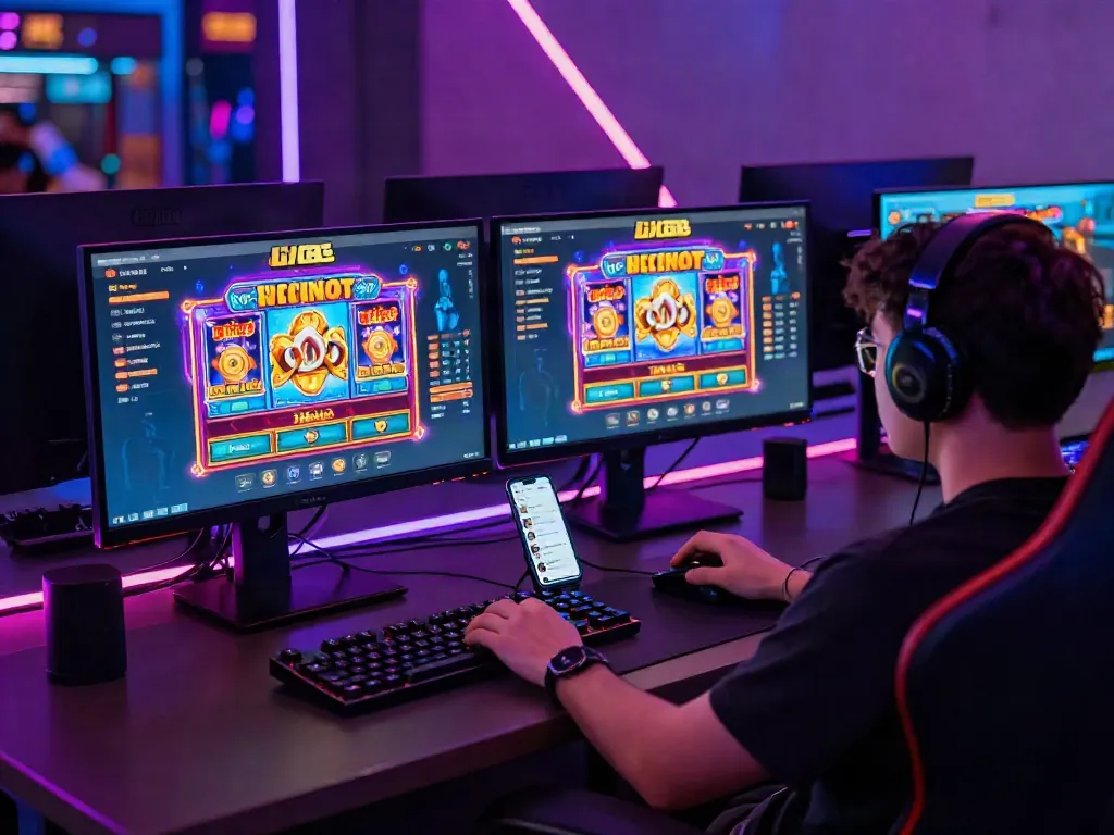 Engaging scene showcasing a player immersed in slot88 online gaming environment, surrounded by vibrant monitors and gaming gear.