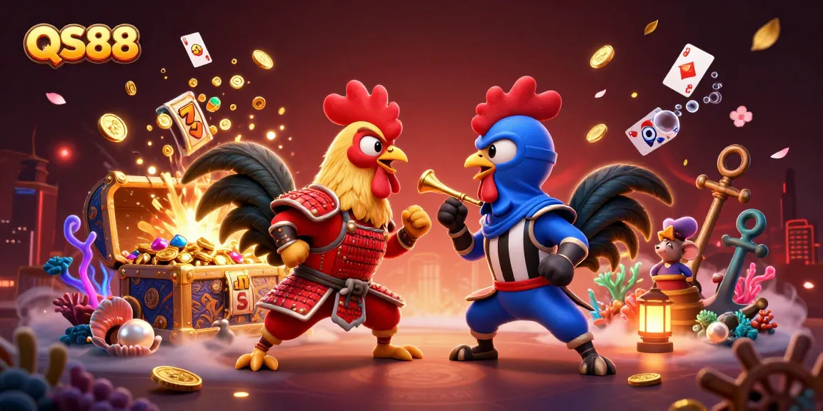 Engage with QS88 casino excitement featuring dynamic roosters and slot reels amidst a vibrant gaming scene.
