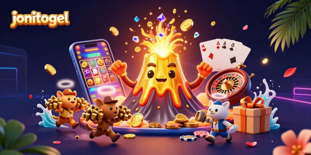 Spin the reels with jonitogel as golden treasures erupt from a volcano in this vibrant casino scene.