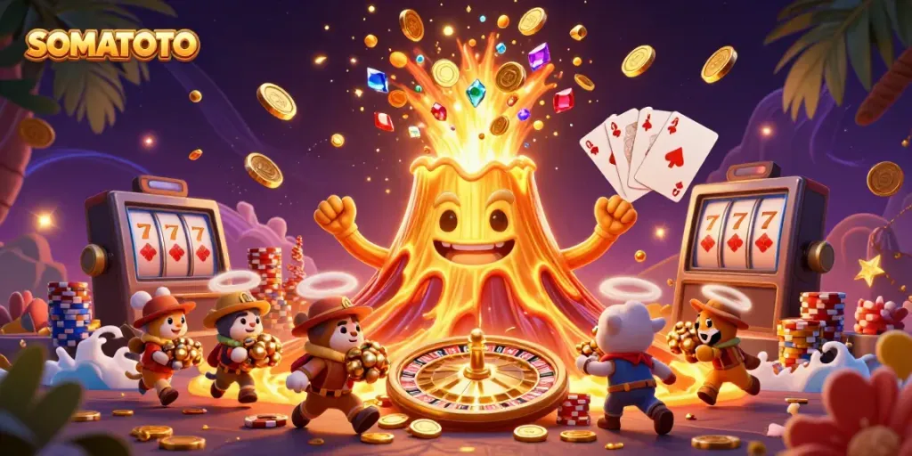 Experience the thrill of SOMATOTO with a vibrant 3D illustration featuring golden treasures and gaming elements.