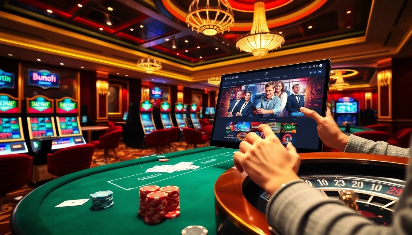 The excitement of online gambling on https://78win.dental/ with vibrant casino tables and slot machines.