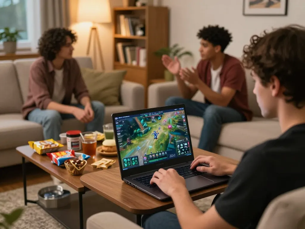 KADAL 778 player engaged in online gaming at home with vibrant interface shown, relaxed ambient atmosphere with snacks and drinks.