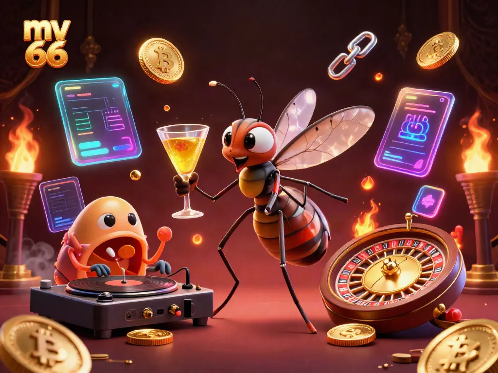 Experience the excitement of mv 66 with a unique digital casino scene featuring eclectic characters and vibrant crypto elements.