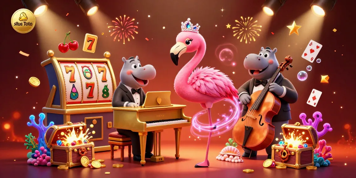 Experience situs Toto action with glamorous flamingo singer and slot elements in this vibrant casino scene.