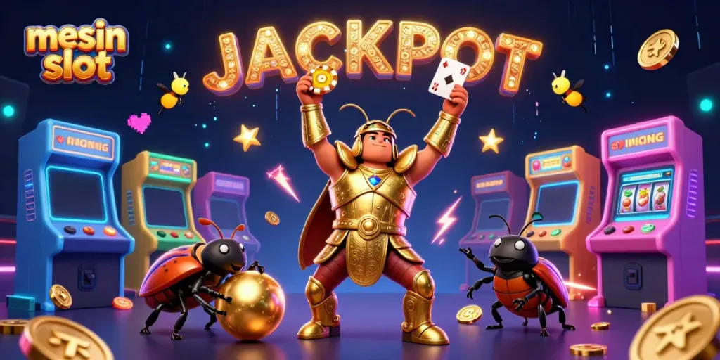 Experience the excitement of mesin slot with a victorious cartoon beetle and colorful game elements.