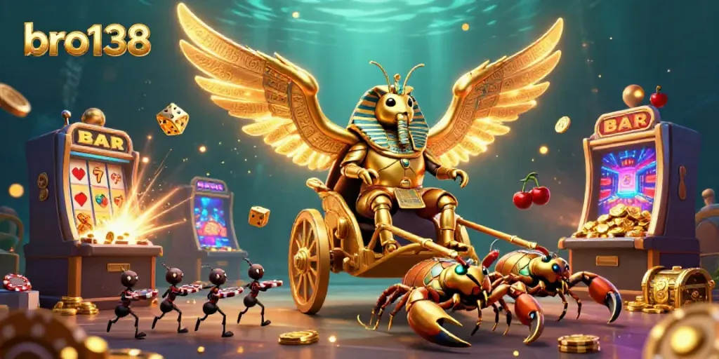 Experience thrilling gameplay at bro138 with a dazzling 3D casino scene of vibrant slot machines and a majestic scarab beetle.