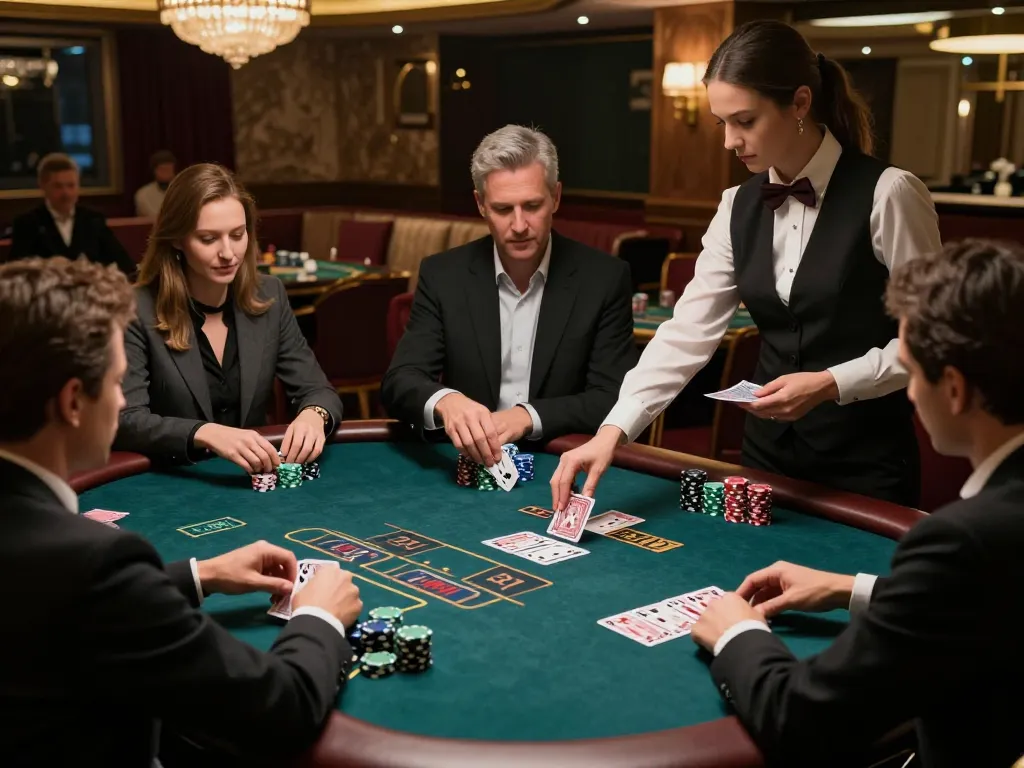 Pemain yang merancang strategi di meja blackjack yang menekankan aksi dan kegembiraan paris888 di kasino mewah.