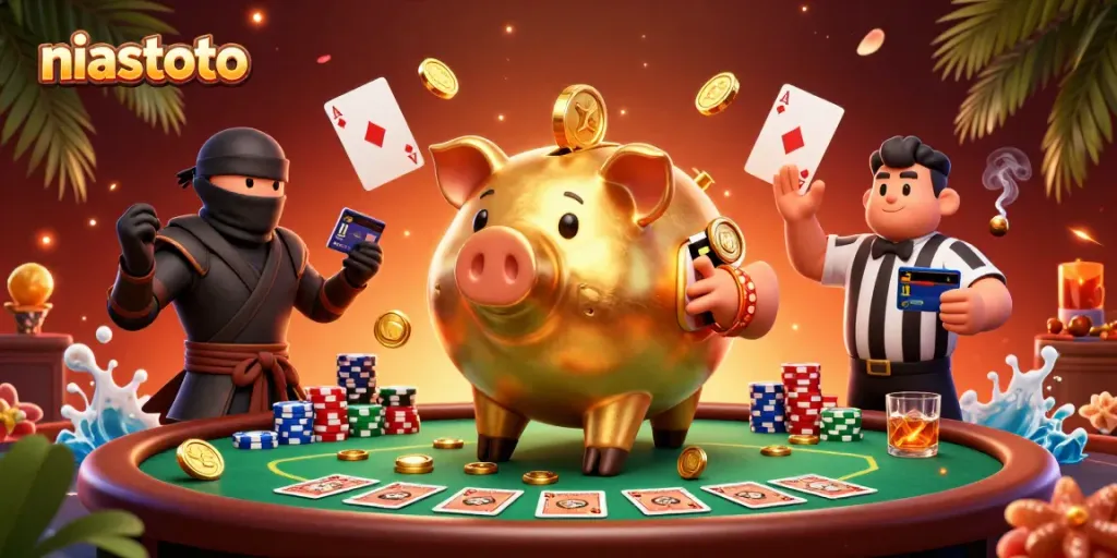 Engage with niastoto's dynamic gaming scene featuring a golden piggy bank sumo wrestler and exciting poker elements.