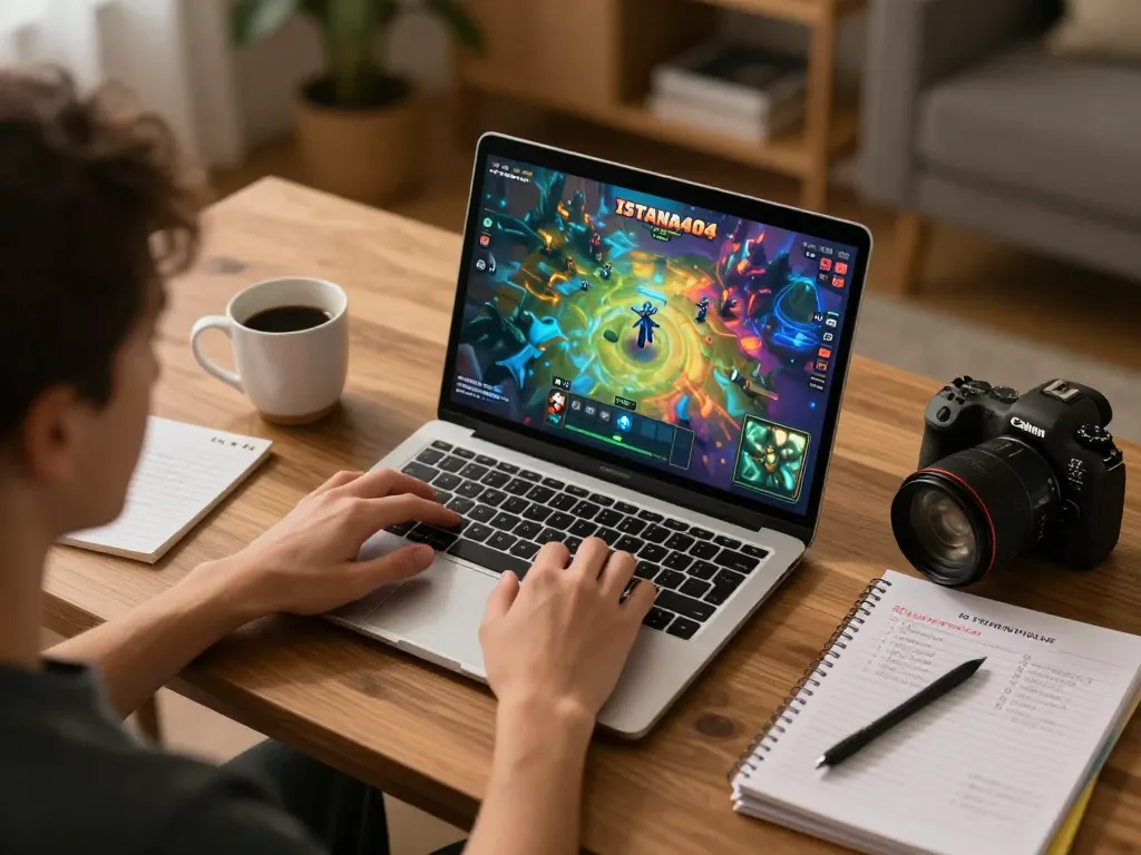 Player focusing on ISTANA404 gaming strategy in cozy home office setting.