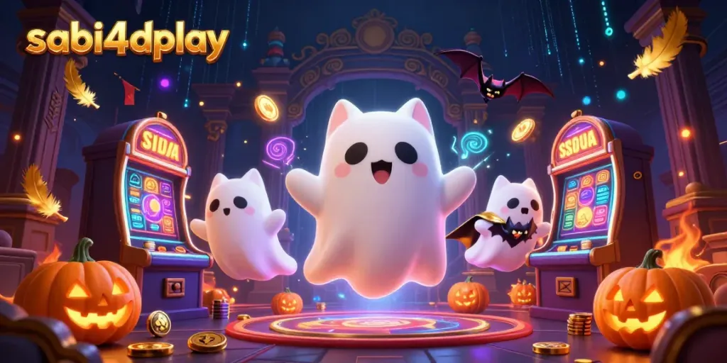 Permainan angka SABI4Dplay yang menarik, menampilkan kucing hantu dan kelelawar menari di kasino penuh warna.