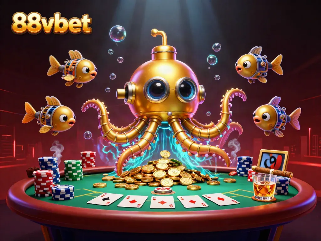 88vbet features a golden kraken submarine surfacing from coins, surrounded by poker elements.