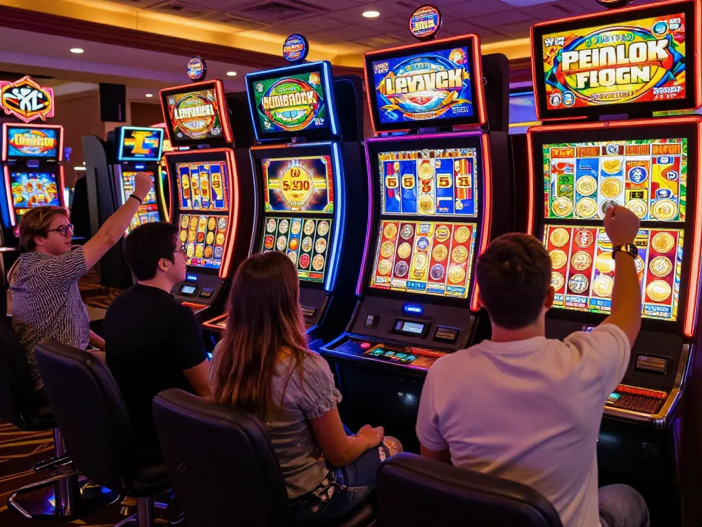 Players enjoying slot deposit 5000 gameplay at a lively casino, celebrating wins at vibrant machines.
