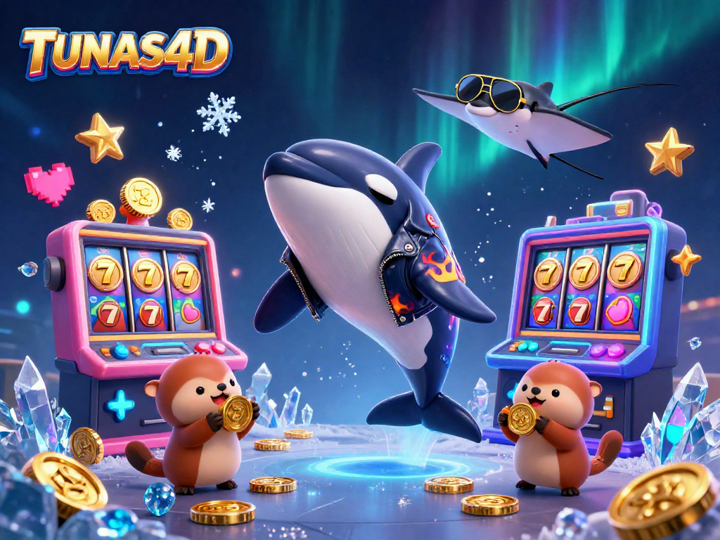 TUNAS4D features a dynamic 3D scene with a joyful orca and stunning sea creatures surrounded by slot games and glowing coins.