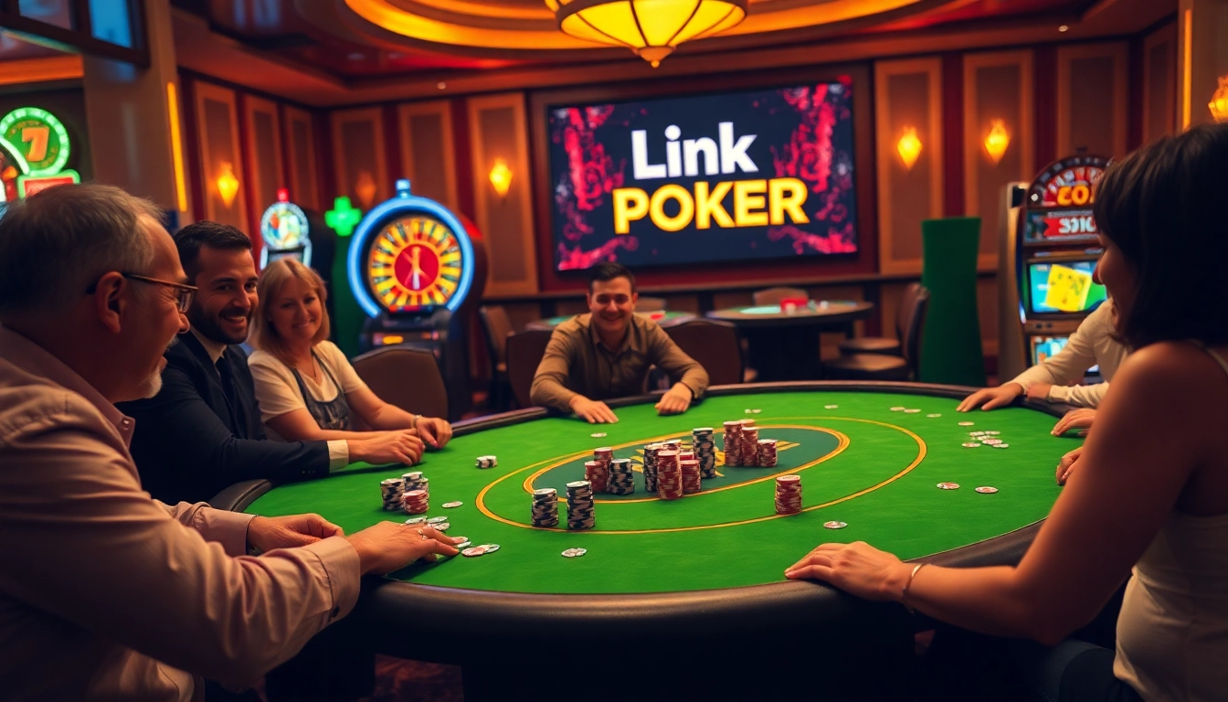 Experience the action of link poker at a luxurious casino table filled with eager players and vibrant chips.