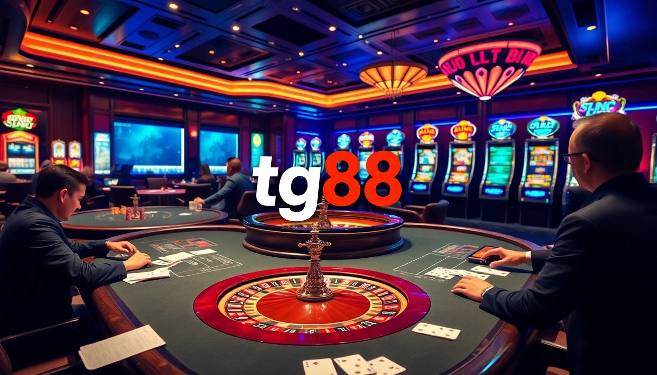 Engaging casino scene showcasing tg88 link on a digital interface, players at poker tables, and bright slot machines.