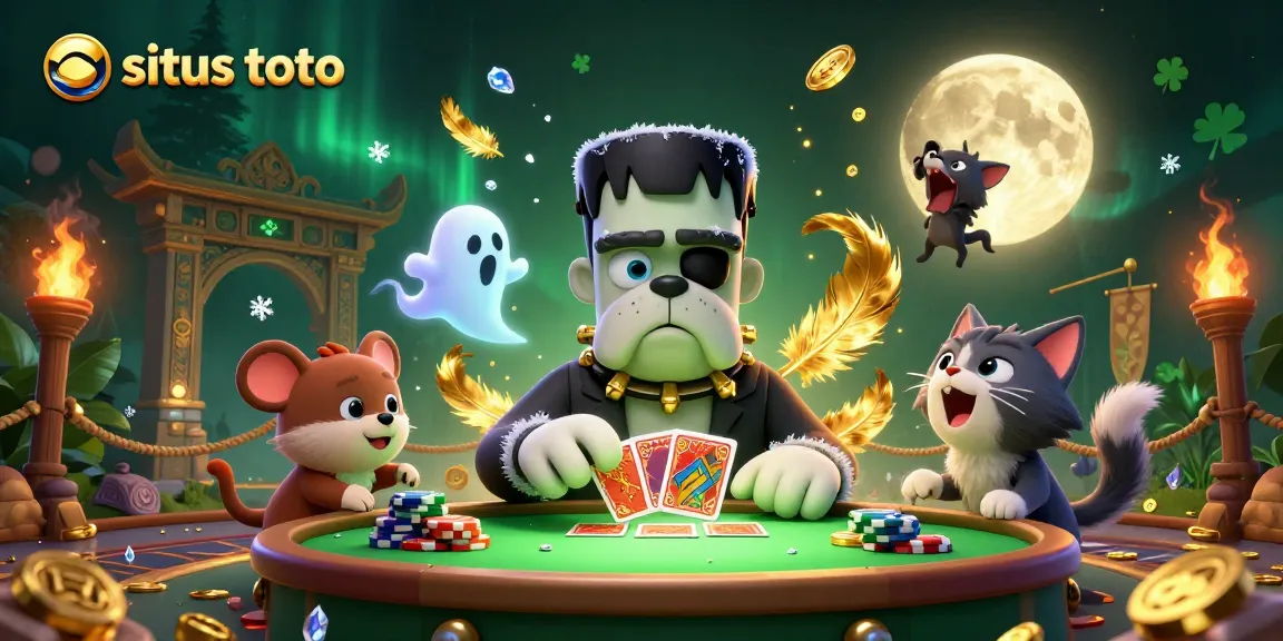 Situs toto membawa suasana kasino dengan monster bulldog dan kucing serigala di meja kartu.