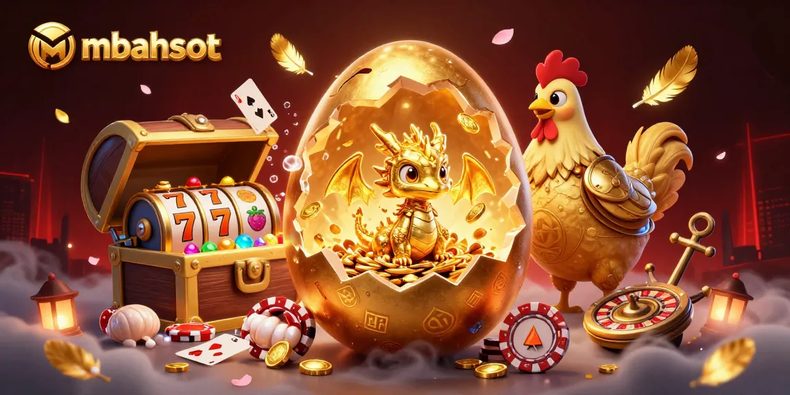 mbahslot menghadirkan ilustrasi kasino dengan telur emas, naga kristal, dan chip poker yang menjadi sorotan.